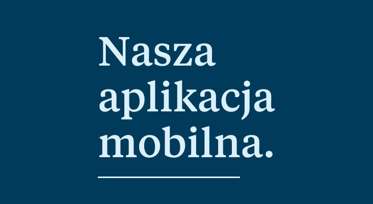 Tekst w języku polskim na ciemnoniebieskim tle, który brzmi: „Nasza aplikacja mobilna”, co po angielsku oznacza „Nasza aplikacja mobilna”. Poniżej tekstu umieszczono poziomą białą linię, promującą usługi Firma sprzątająca.
