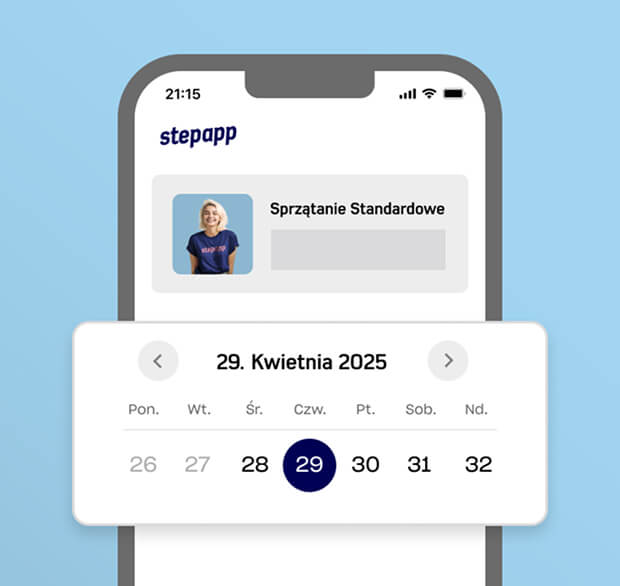 Na ekranie smartfona wyświetlany jest interfejs aplikacji „stepapp”, prezentujący przyjazną dla użytkownika stronę główną. W górnej części znajduje się zdjęcie profilowe z napisem „Sprzątanie Standardowe”, a poniżej kalendarz wskazuje datę 29 kwietnia 2025 r. Jasnoniebieskie tło zwiększa skuteczność SEO.